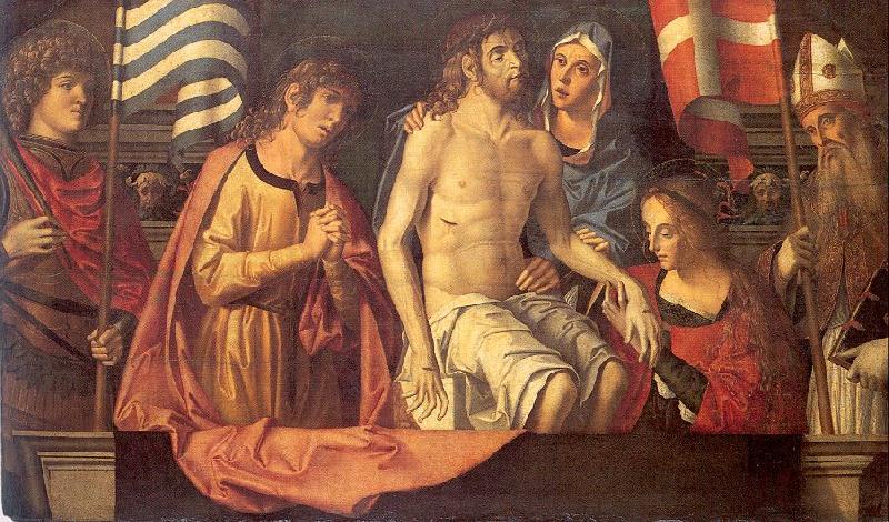 Palmezzano, Marco The Dead Christ in the Tomb with the Virgin Mary Saints oil painting image